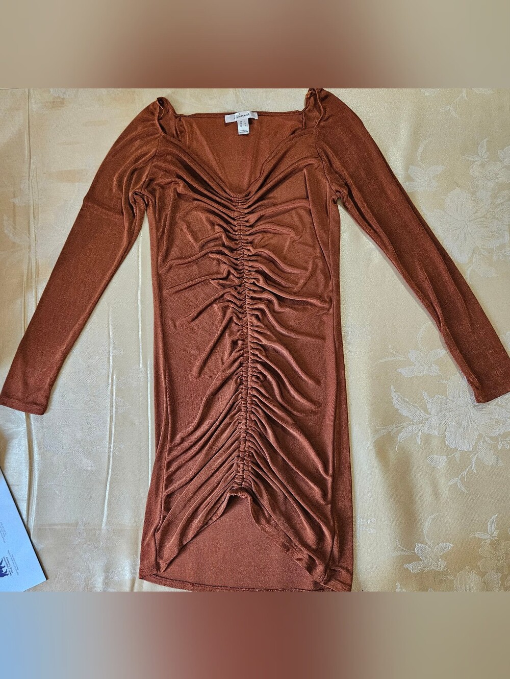 Revamped Rust Brown Ruched Long-Sleeve Bodycon Dress